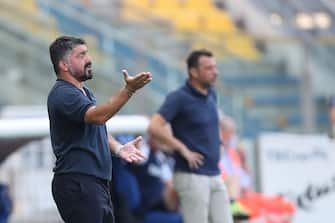 PARMA, ITALY - JULY 22: Gennaro Gattuso, manager of SSC Napoli gestures during the Serie A match between Parma Calcio and  SSC Napoli at Stadio Ennio Tardini on July 22, 2020 in Parma, Italy.  (Photo by Gabriele Maltinti/Getty Images)