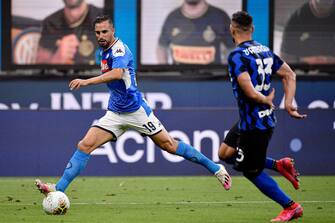 MILAN, ITALY - JULY 28: Nikola Maksimovic of Napoli  during the Italian Serie A   match between Internazionale v Napoli at the San Siro on July 28, 2020 in Milan Italy (Photo by Mattia Ozbot/Soccrates/Getty Images)