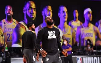 Orlando, FL - JULY 30: LeBron James #23 of the Los Angeles Lakers warms up prior to a game against the LA Clippers on July 30, 2020 at The Arena at ESPN Wide World Of Sports Complex in Orlando, Florida. NOTE TO USER: User expressly acknowledges and agrees that, by downloading and/or using this Photograph, user is consenting to the terms and conditions of the Getty Images License Agreement. Mandatory Copyright Notice: Copyright 2020 NBAE (Photo by Jesse D. Garrabrant/NBAE via Getty Images)