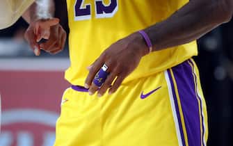 Orlando, FL - JULY 30: The band worn by LeBron James #23 of the Los Angeles Lakers during the game against the LA Clippers during a game on July 30, 2020 at The Arena at ESPN Wide World Of Sports Complex in Orlando, Florida. NOTE TO USER: User expressly acknowledges and agrees that, by downloading and/or using this Photograph, user is consenting to the terms and conditions of the Getty Images License Agreement. Mandatory Copyright Notice: Copyright 2020 NBAE (Photo by Joe Murphy/NBAE via Getty Images)