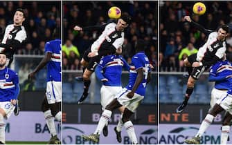 1189629756 (COMBO) This combination of pictures created on December 19, 2019 shows (Chronologically From L) Juventus' Portuguese forward Cristiano Ronaldo (Top) jumping above Sampdoria's Italian defender Nicola Murru to score a header during the Italian Serie A football match Sampdoria vs Juventus on December 18, 2019 at the Luigi-Ferraris stadium in Genoa. (Photo by Marco BERTORELLO / AFP) (Photo by MARCO BERTORELLO/AFP via Getty Images)