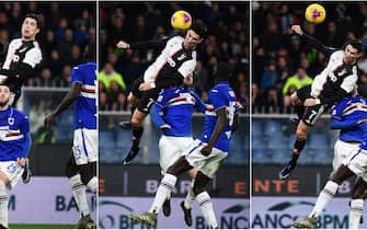 (COMBO) This combination of pictures created on December 19, 2019 shows (Chronologically From L) Juventus' Portuguese forward Cristiano Ronaldo (Top) jumping above Sampdoria's Italian defender Nicola Murru to score a header during the Italian Serie A football match Sampdoria vs Juventus on December 18, 2019 at the Luigi-Ferraris stadium in Genoa. (Photo by Marco BERTORELLO / AFP) (Photo by MARCO BERTORELLO/AFP via Getty Images)