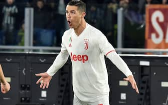 ROME, ITALY - JANUARY 12:  Cristiano Ronaldo of Juventus FC celebrates after scoring goal 0-2 during the Serie A match between AS Roma and Juventus FC at Stadio Olimpico on January 12, 2020 in Rome, Italy.  (Photo by Giuseppe Bellini/Getty Images)