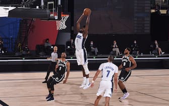 Orlando, FL - JULY 31: Jonathan Isaac #1 of the Orlando Magic drives to the basket during the game against the Brooklyn Nets on July 31, 2020 at The HP Field House at ESPN Wide World Of Sports Complex in Orlando, Florida. NOTE TO USER: User expressly acknowledges and agrees that, by downloading and/or using this Photograph, user is consenting to the terms and conditions of the Getty Images License Agreement. Mandatory Copyright Notice: Copyright 2020 NBAE (Photo by Garrett Ellwood/NBAE via Getty Images)