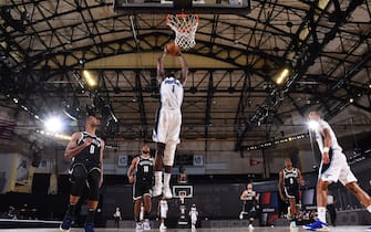 Orlando, FL - JULY 31: Jonathan Isaac #1 of the Orlando Magic drives to the basket during the game against the Brooklyn Nets on July 31, 2020 at The HP Field House at ESPN Wide World Of Sports Complex in Orlando, Florida. NOTE TO USER: User expressly acknowledges and agrees that, by downloading and/or using this Photograph, user is consenting to the terms and conditions of the Getty Images License Agreement. Mandatory Copyright Notice: Copyright 2020 NBAE (Photo by Garrett Ellwood/NBAE via Getty Images)