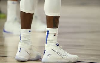Orlando, FL - JULY 31: The sneakers worn by Jonathan Isaac #1 of the Orlando Magic against the Brooklyn Nets on July 31, 2020 at HP Field House at ESPN Wide World of Sports in Orlando, Florida. NOTE TO USER: User expressly acknowledges and agrees that, by downloading and/or using this Photograph, user is consenting to the terms and conditions of the Getty Images License Agreement. Mandatory Copyright Notice: Copyright 2020 NBAE (Photo by David Sherman/NBAE via Getty Images)