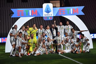 Juventus' team jubilate during the celebrations for the Juventus' victory of the 9th consecutive Italian championship (scudetto) at Allianz Stadium in Turin, Italy, 01 August 2020. ANSA/ALESSANDRO DI MARCO