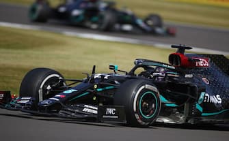 Mercedes' British driver Lewis Hamilton leads during the Formula One British Grand Prix at the Silverstone motor racing circuit in Silverstone, central England on August 2, 2020. (Photo by Bryn Lennon / POOL / AFP) (Photo by BRYN LENNON/POOL/AFP via Getty Images)