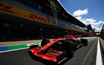 NORTHAMPTON, ENGLAND - AUGUST 01: Sebastian Vettel of Germany driving the (5) Scuderia Ferrari SF1000 in the Pitlane during qualifying for the F1 Grand Prix of Great Britain at Silverstone on August 01, 2020 in Northampton, England. (Photo by Mark Thompson/Getty Images)