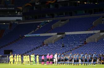 GELSENKIRCHEN, GERMANY - AUGUST 05: The two sides line up prior to the UEFA Europa League round of 16 single-leg match between FC Internazionale and Getafe CF at Arena AufSchalke on August 05, 2020 in Gelsenkirchen, Germany.  (Photo by Lars Baron/Getty Images)
