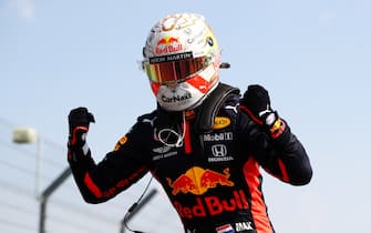 NORTHAMPTON, ENGLAND - AUGUST 09: Race winner Max Verstappen of Netherlands and Red Bull Racing celebrates in parc ferme during the F1 70th Anniversary Grand Prix at Silverstone on August 09, 2020 in Northampton, England. (Photo by Bryn Lennon/Getty Images)
