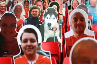 LONDON, ENGLAND - JUNE 27: A cardboard cut-out of dog within Charlton supporters in the stands prior to the Sky Bet Championship match between Charlton Athletic and Queens Park Rangers at The Valley on June 27, 2020 in London, England. (Photo by Alex Pantling/Getty Images)