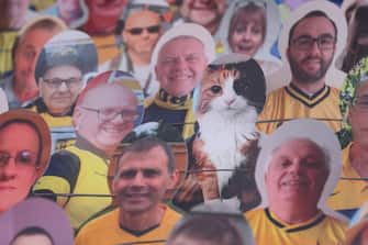 OXFORD, ENGLAND - JULY 06: A cardboard cutout of a cat in the stand during the Sky Bet League One Play Off Semi-final 2nd Leg match between Oxford United and Portsmouth FC at Kassam Stadium on July 6, 2020 in Oxford, England. Football Stadiums around Europe remain empty due to the Coronavirus Pandemic as Government social distancing laws prohibit fans inside venues resulting in all fixtures being played behind closed doors. (Photo by James Williamson - AMA/Getty Images)