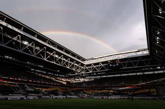 A picture shows a rainbow over the Merkur Spiel-Arena prior to the UEFA Europa League semi-final football match Inter Milan v Shakhtar Donetsk on August 17, 2020 in Duesseldorf, western Germany. (Photo by Lars Baron / POOL / AFP) (Photo by LARS BARON/POOL/AFP via Getty Images)