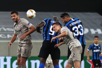 Inter Milan's Italian defender Danilo D'Ambrosio (R)  scores the 2-0 during the UEFA Europa League semi-final football match Inter Milan v Shakhtar Donetsk on August 17, 2020 in Duesseldorf, western Germany. (Photo by Lars Baron / POOL / AFP) (Photo by LARS BARON/POOL/AFP via Getty Images)