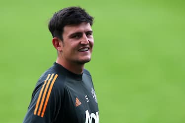 COLOGNE, GERMANY - AUGUST 14:  Harry Maguire of Manchester United looks on at a training session at Sportpark Hoehenberg on August 14, 2020 in Cologne, Germany. (Photo by Matthew Peters/Manchester United via Getty Images)