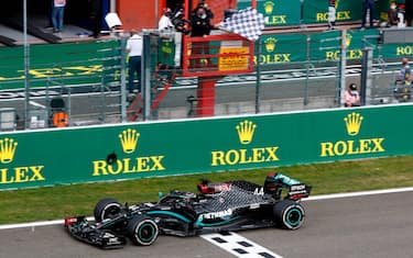 Mercedes' British driver Lewis Hamilton crosses the finish line to win the Belgian Formula One Grand Prix at the Spa-Francorchamps circuit in Spa on August 30, 2020. (Photo by FRANCOIS LENOIR / POOL / AFP) (Photo by FRANCOIS LENOIR/POOL/AFP via Getty Images)