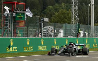 Mercedes' British driver Lewis Hamilton crosses the finish line to win the Belgian Formula One Grand Prix at the Spa-Francorchamps circuit in Spa on August 30, 2020. (Photo by Francisco Seco / POOL / AFP) (Photo by FRANCISCO SECO/POOL/AFP via Getty Images)
