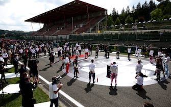 SPA, BELGIUM - AUGUST 30: F1 drivers take part in a minute of silence in tribute to the late Anthoine Hubert before the F1 Grand Prix of Belgium at Circuit de Spa-Francorchamps on August 30, 2020 in Spa, Belgium. (Photo by Peter Fox/Getty Images)