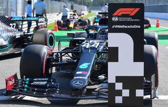 The car of Mercedes' British driver Lewis Hamilton is pictured after he won the pole position during the qualifying session at the Autodromo Nazionale circuit in Monza on September 5, 2020 ahead of the Italian Formula One Grand Prix. (Photo by JENNIFER LORENZINI / POOL / AFP) (Photo by JENNIFER LORENZINI/POOL/AFP via Getty Images)