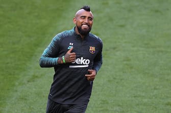 Barcelona's Chilean midfielder Arturo Vidal runs during a training session at the Luz stadium in Lisbon on August 13, 2020 on the eve of the UEFA Champions League quarter-final football match between FC Barcelona and Bayern Munich. (Photo by RAFAEL MARCHANTE / various sources / AFP) (Photo by RAFAEL MARCHANTE/AFP via Getty Images)