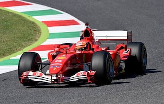 Mick Schumacher, son of former Ferrari driver Michael Schumacher, steers his fathers car, Ferrari F2004, ahead of the Tuscany Formula One Grand Prix at the Mugello circuit in Scarperia e San Piero on September 13, 2020. (Photo by MIGUEL MEDINA / POOL / AFP) (Photo by MIGUEL MEDINA/POOL/AFP via Getty Images)