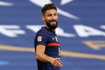 PARIS, FRANCE - SEPTEMBER 8: Olivier Giroud #9 of France celebrate his goal with teammates during the UEFA Nations League group stage match between  France and Croatia at Stade de France on September 8, 2020 in Paris, France. (Photo by Xavier Laine/Getty Images)