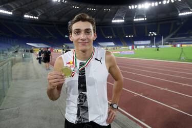 Armand Duplantis (SWE) with the medal of the winner of Pole Vault competition where he jumped the new world record measure (6,15 meters) at the IAAF Pietro Mennea Golden Gala Diamond League Meeting at Stadio Olimpico on September 17th, 2020 in Rome, Italy.