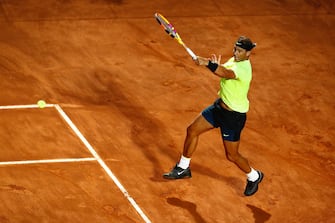 ROME, ITALY - SEPTEMBER 18: Rafael Nadal of Spain plays a forehand in his round three match against Dusan Lajovic of Serbia during day five of the Internazionali BNL d'Italia at Foro Italico on September 18, 2020 in Rome, Italy. (Photo by Angelo Carconi - Pool/Getty Images)