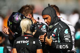 SOCHI, RUSSIA - SEPTEMBER 27: Lewis Hamilton of Great Britain and Mercedes GP prepares to drive on the grid prior to the F1 Grand Prix of Russia at Sochi Autodrom on September 27, 2020 in Sochi, Russia. (Photo by Bryn Lennon/Getty Images)