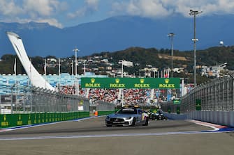 SOCHI, RUSSIA - SEPTEMBER 27: An FIA Safety Car leads the field during the F1 Grand Prix of Russia at Sochi Autodrom on September 27, 2020 in Sochi, Russia. (Photo by Dan Mullan/Getty Images)