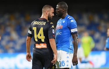 NAPLES, ITALY - SEPTEMBER 27: Davide Biraschi of Genoa CFC arguing with Kalidou Koulibaly of SSC Napoli during the Serie A match between SSC Napoli and Genoa CFC at Stadio San Paolo on September 27, 2020 in Naples, Italy. (Photo by Francesco Pecoraro/Getty Images)