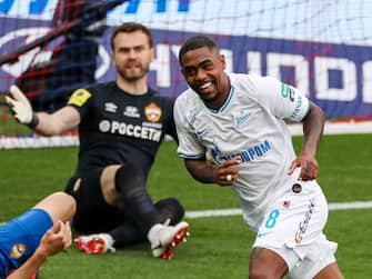 Zenit's Brazilian forward Malcom celebrates after scoring a goal during the Russian Premier League football match between CSKA Moscow and Zenit St. Petersburg at the VEB Arena stadium in Moscow on June 20, 2020. (Photo by - / AFP) (Photo by -/AFP via Getty Images)