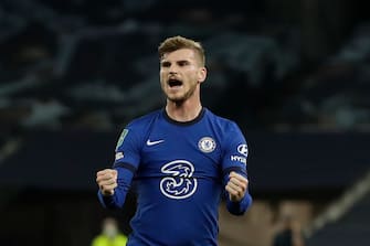 Chelsea's German striker Timo Werner celebrates after he scores his team's first goal during the English League Cup fourth round football match between Tottenham Hotspur and Chelsea at Tottenham Hotspur Stadium in London, on September 29, 2020. (Photo by Matt Dunham / AFP) / RESTRICTED TO EDITORIAL USE. No use with unauthorized audio, video, data, fixture lists, club/league logos or 'live' services. Online in-match use limited to 120 images. An additional 40 images may be used in extra time. No video emulation. Social media in-match use limited to 120 images. An additional 40 images may be used in extra time. No use in betting publications, games or single club/league/player publications. /  (Photo by MATT DUNHAM/AFP via Getty Images)
