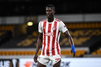 WOLVERHAMPTON, ENGLAND - AUGUST 06: Ousseynou Ba of Olympiakos during the UEFA Europa League round of 16 second leg match between Wolverhampton Wanderers and Olympiacos FC at Molineux on August 06, 2020 in Wolverhampton, United Kingdom. (Photo by Sam Bagnall - AMA/Getty Images)
