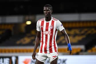 WOLVERHAMPTON, ENGLAND - AUGUST 06: Ousseynou Ba of Olympiakos during the UEFA Europa League round of 16 second leg match between Wolverhampton Wanderers and Olympiacos FC at Molineux on August 06, 2020 in Wolverhampton, United Kingdom. (Photo by Sam Bagnall - AMA/Getty Images)