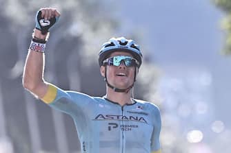 Astana Pro Team Denmark rider Jakob Fuglsang celebrates as he crosses the finish line at the end of the 114th edition of the giro di Lombardia (Tour of Lombardy),  a 231 km cycling race from Bergamo to Como on August 15, 2020. (Photo by Marco BERTORELLO / AFP) (Photo by MARCO BERTORELLO/AFP via Getty Images)