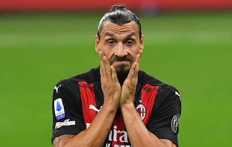 MILAN, ITALY - SEPTEMBER 21: Zlatan Ibrahimovic of AC MIlan reacts during the Serie A match between AC Milan and Bologna FC at Stadio Giuseppe Meazza on September 21, 2020 in Milan, Italy. (Photo by Alessandro Sabattini/Getty Images)