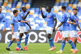 Victor Osimhen of SSC Napoli celebrates the victory with Kalidou Koulibaly of SSC Napoli during the Serie A match between Napoli and Atalanta at Stadio San Paolo, Naples, Italy on 17 October 2020. Photo by Giuseppe Maffia.//UKSPORTSPICS_UK1570/2010201750/Credit:Giuseppe Maffia/UK Sports/SIPA/2010201751