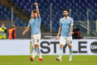 Lazio's Ciro Immobile (L) celebrates after scoring the goal 2-0 during the Italian Serie A soccer match between SS Lazio vs Bologna FC at the Olimpico stadium in Rome, Italy, 24 October 2020. ANSA/GIUSEPPE LAMI