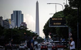 epa08842766 An electronic traffic board reads 'Thank you, Diego' in the wake of soccer legend Diego Armando Maradona's death, in Buenos Aires, Argentina, 25 November 2020. Maradona died aged 60 after a heart attack on 25 November 2020.  EPA/Juan Ignacio Roncoroni