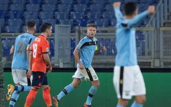 LazioÕs Ciro Immobile jubilees after scoring on penalty the 2-1 gol during UEFA Champions League  Group F soccer match between SS Lazio and Club Brugge, at Stadio  Olimpico in Rome, 8 December 2020. MAURIZIO BRAMBATTI/ANSA 