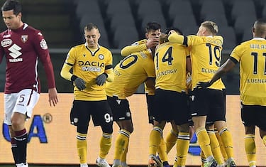 Udinese's&nbsp; players jubilate after the (0-2) during the italian Serie A soccer match Torino FC vs Udinese Calcio at the Olimpico Grande Torino Stadium in Turin, Italy, 12 December 2020 ANSA/ALESSANDRO DI MARCO
