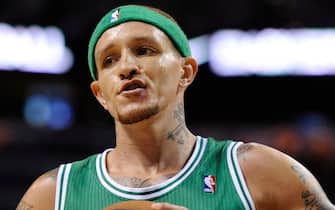 USA BASKETBALL NBA PLAYOFFS epa02716692 Boston Celtics guard Delonte West reacts after being called for a foul against the Miami Heat during the fourth period of their Conference Semifinal round game two at the American Airlines Arena in Miami, Florida, USA, 03 May 2011. The Heat defeated the Celtics 102-91 to take a two games to none lead in the best of seven series. EPA/RHONA WISE CORBIS OUT