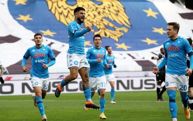 Napoli s Lorenzo Insigne jubilates after scoring on penalty the goal during the Italian Serie A soccer match Udinese Calcio vs SSC Napoli at the Friuli - Dacia Arena stadium in Udine, Italy, 10 January 2021. ANSA/GABRIELE MENIS