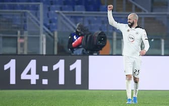 Spezia's Riccardo Saponara celebrates after scoring the 2-4 goal during the Italian Cup round of 16 soccer match between AS Roma and Spezia Calcio at the Olimpico stadium in Rome, Italy, 19 January 2021.  ANSA/ETTORE FERRARI
