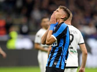 Inter's Sebastiano Esposito reacts during the Italian Serie A soccer match FC Inter vs Parma Calcio at the Giuseppe Meazza stadium in Milan, Italy, 26 October 2019. 
ANSA/ROBERTO BREGANI