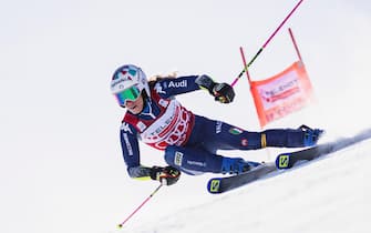 epa09058641 Marta Bassino of Italy clears a gate during the first run of the Women's Giant Slalom race at the FIS Alpine Skiing World Cup in Jasna, Slovakia, 07 March 2021.  EPA/str