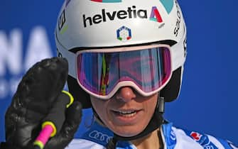 epa09021118 Marta Bassino of Italy reacts in the finish area during the 2nd run of the Women's Giant Slalom race at the FIS Alpine Skiing World Championships in Cortina d'Ampezzo, Italy, 18 February 2021.  EPA/CHRISTIAN BRUNA