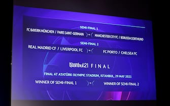 NYON, SWITZERLAND - MARCH 19: A view of the semi-final and final draw results as shown on the big screen following the UEFA Champions League 2020/21 Quarter-finals and Semi-finals draw at the UEFA headquarters, The House of European Football on March 19, 2021 in Nyon, Switzerland. (Photo by Valentin Flauraud - UEFA)
